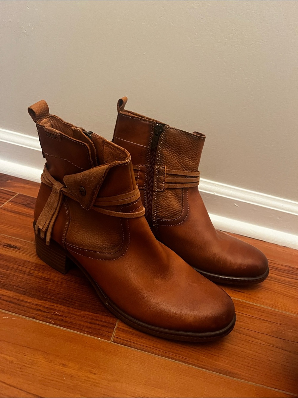 Pikolinos Women’s Brown Leather Ankle Boots with Tassel Strap
